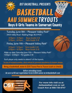 flyer for DST Basketball - Somerset County AAU Summer Tryouts